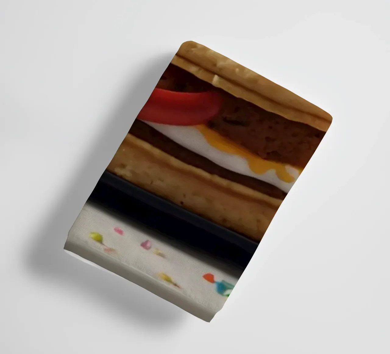 Fun and colorful dessert display featuring a playful burger towel by DesignDoodle