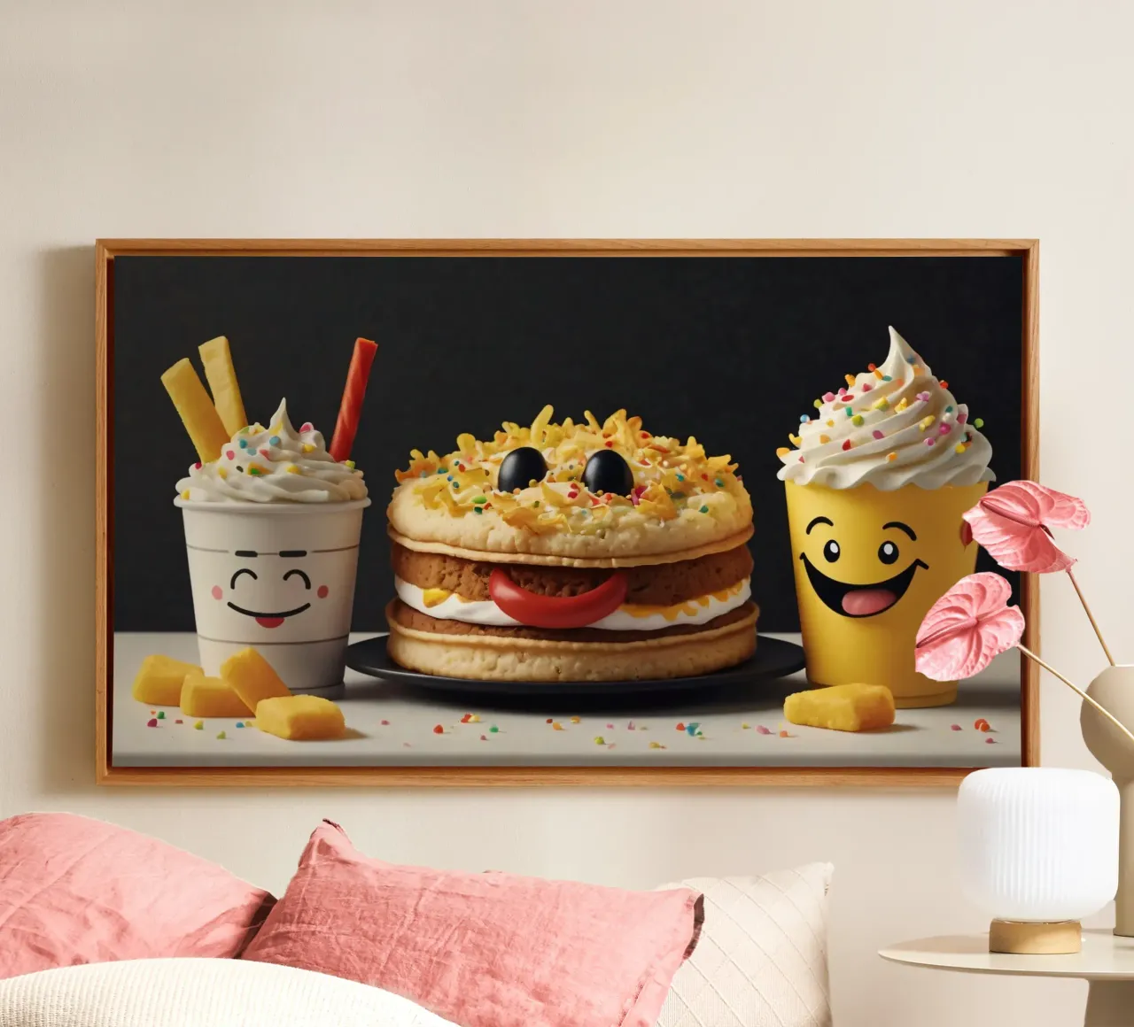 Fun and colorful dessert display featuring a playful burger canvas by DesignDoodle