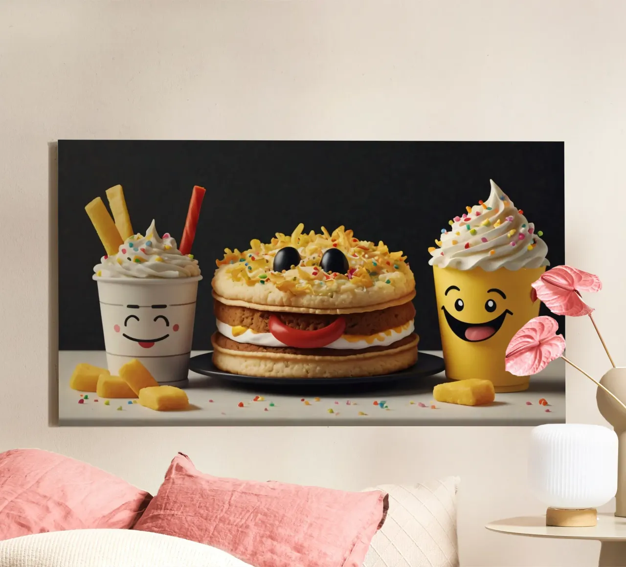 Fun and colorful dessert display featuring a playful burger canvas by DesignDoodle