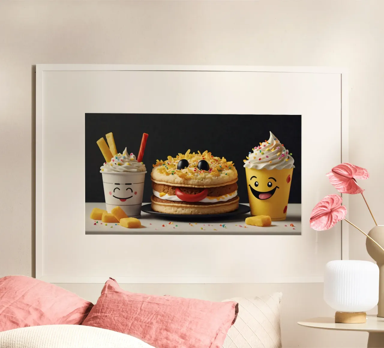 Fun and colorful dessert display featuring a playful burger hahnemühle by DesignDoodle