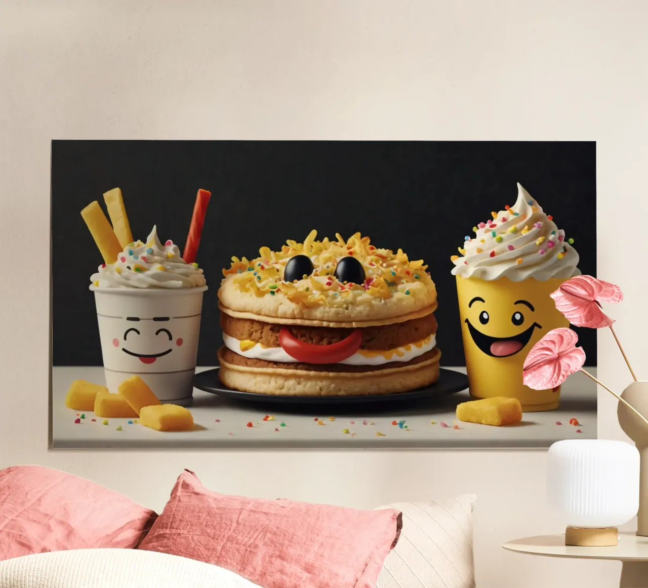 Fun and colorful dessert display featuring a playful burger hahnemühle by DesignDoodle