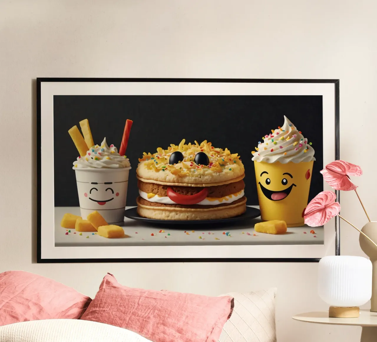 Fun and colorful dessert display featuring a playful burger hahnemühle by DesignDoodle