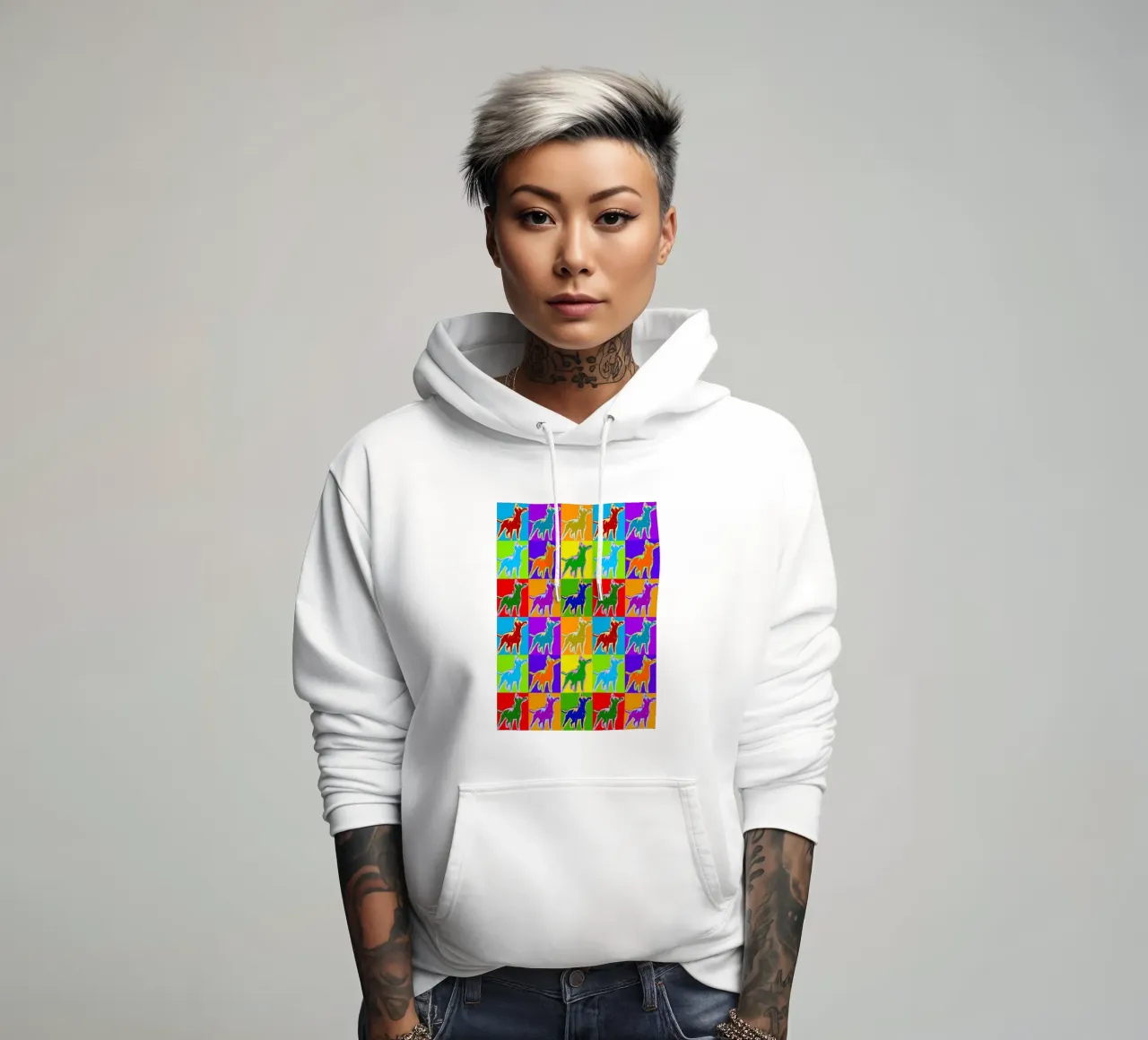 Modello di cavallo Pop Art: Equino vibrante, colori audaci, moderno felpa con cappuccio da NorwesClub