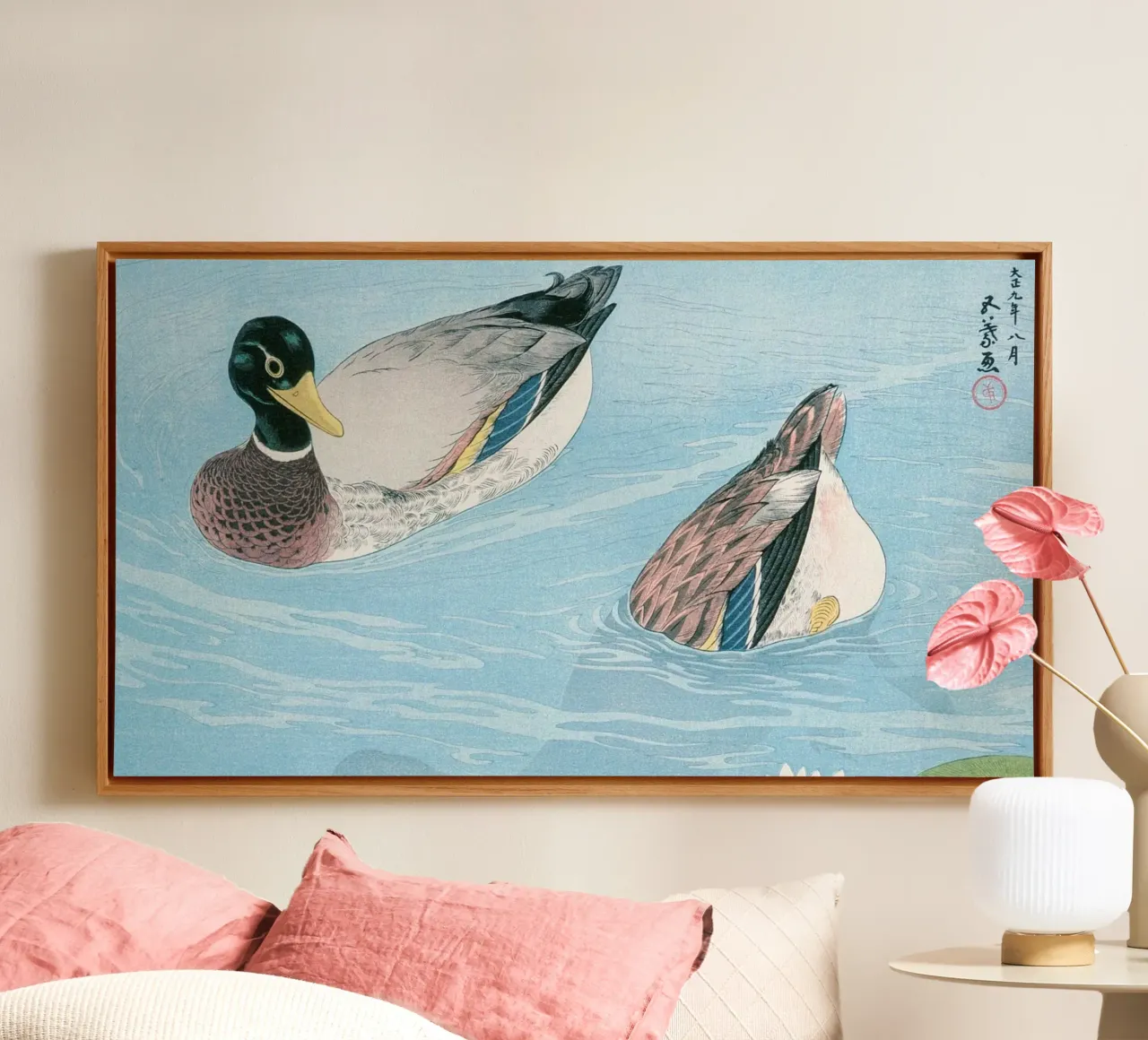 Goyo Hashiguchi "Ducks" Shin-hanga Japanese Woodblock Print canvas with Floater frame by NorwesClub