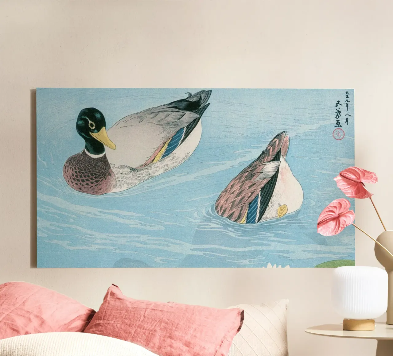 Goyo Hashiguchi "Ducks" Shin-hanga Japanese Woodblock Print canvas with Floater frame by NorwesClub