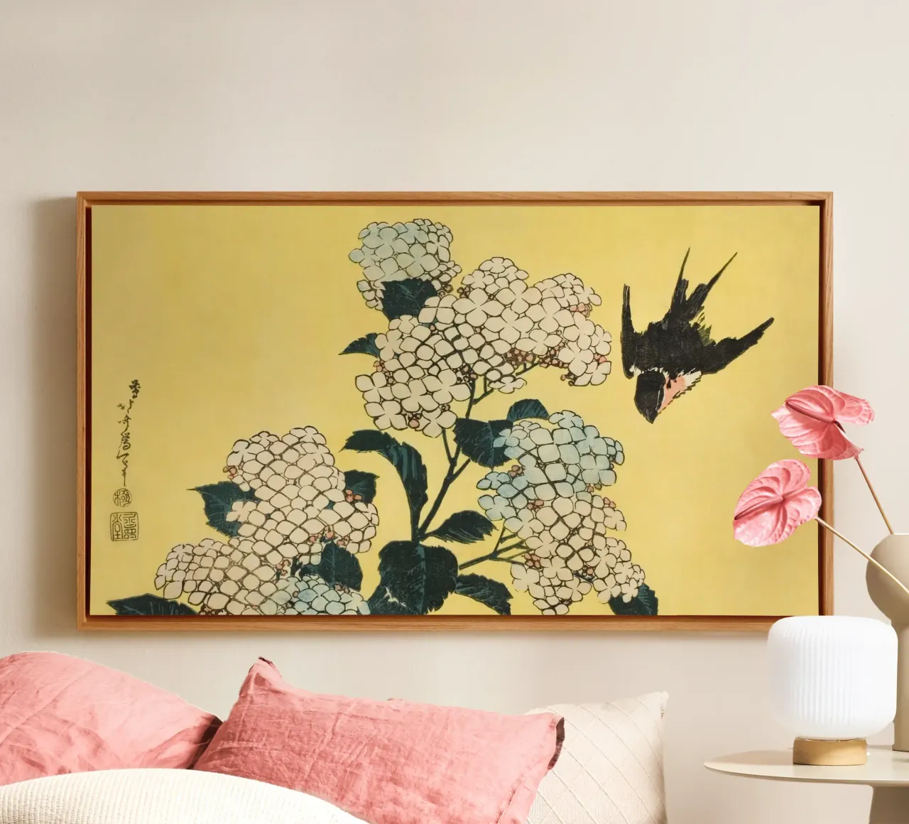 Japanese Ukiyo-e: Hydrangea & Swallow Nature Art Print canvas with Floater frame by NorwesClub