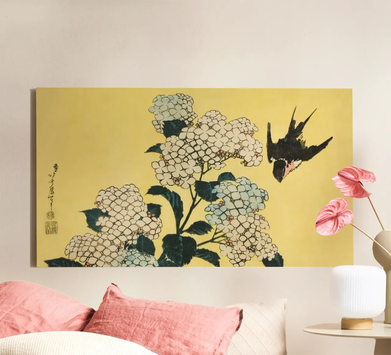 Japanese Ukiyo-e: Hydrangea & Swallow Nature Art Print canvas with Floater frame by NorwesClub