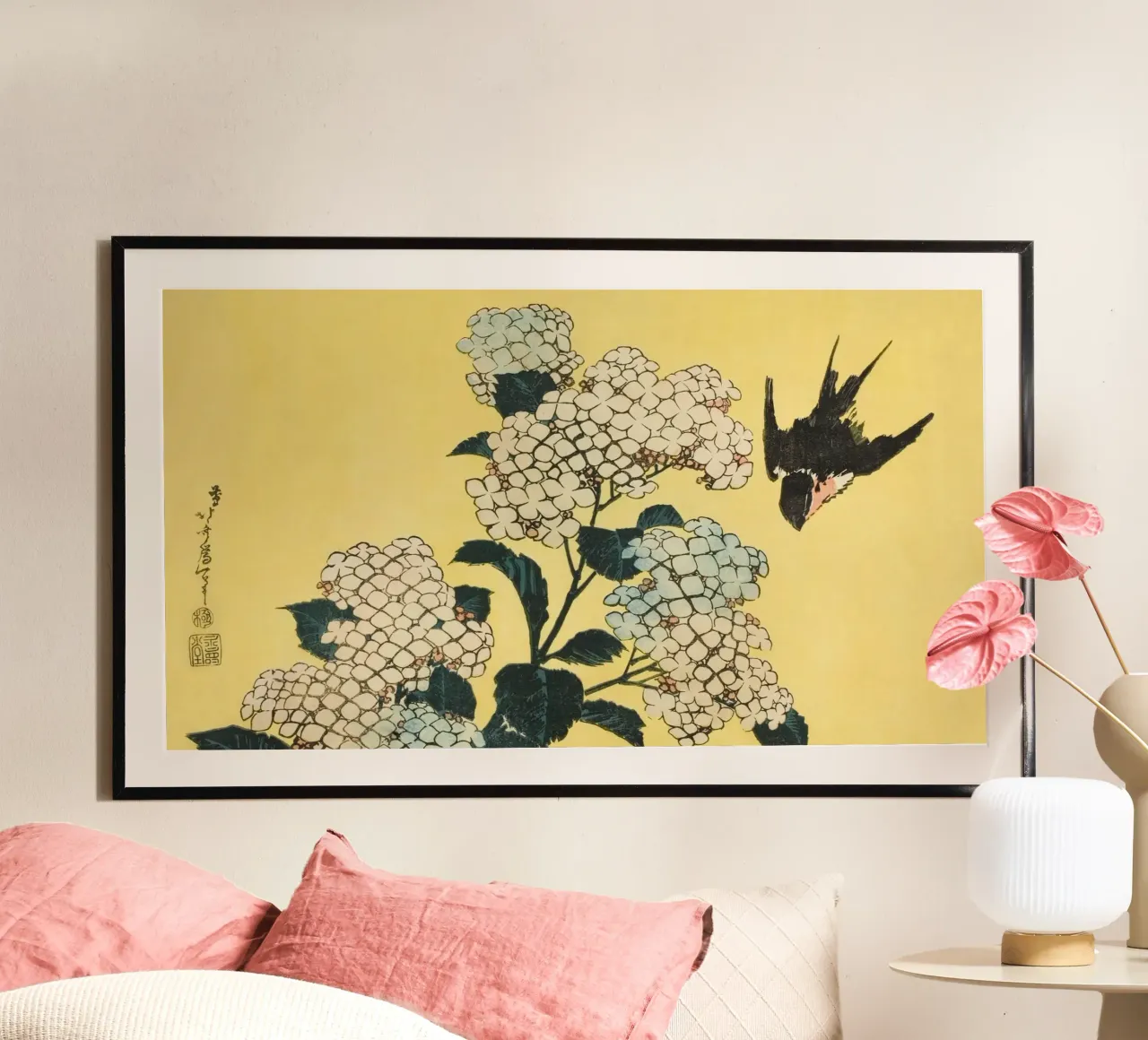Ukiyo-e japonés: Hydrangea & Swallow Nature Art Print poster con marco de plástico de NorwesClub