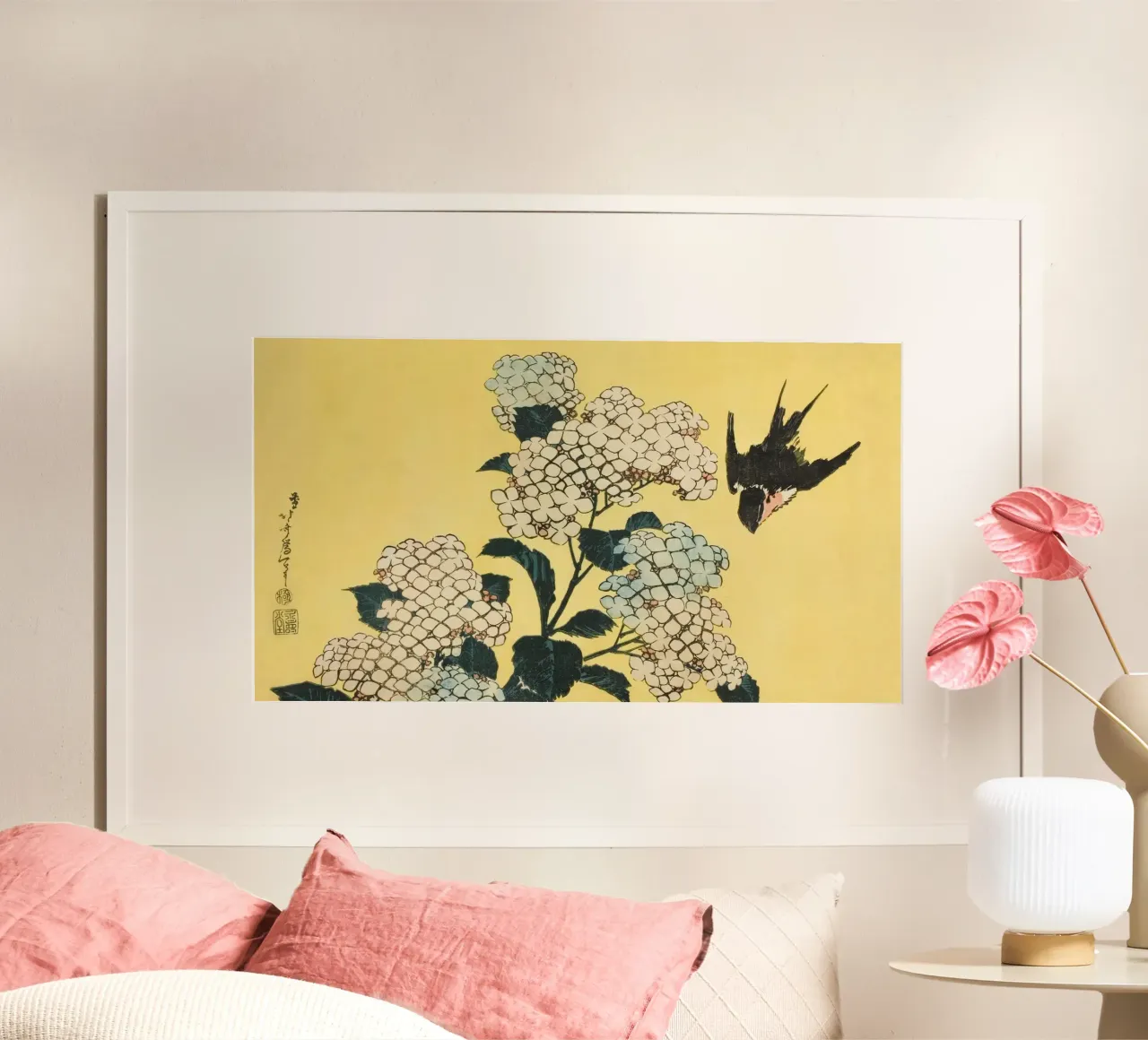 Ukiyo-e japonés: Hydrangea & Swallow Nature Art Print poster con marco de plástico de NorwesClub