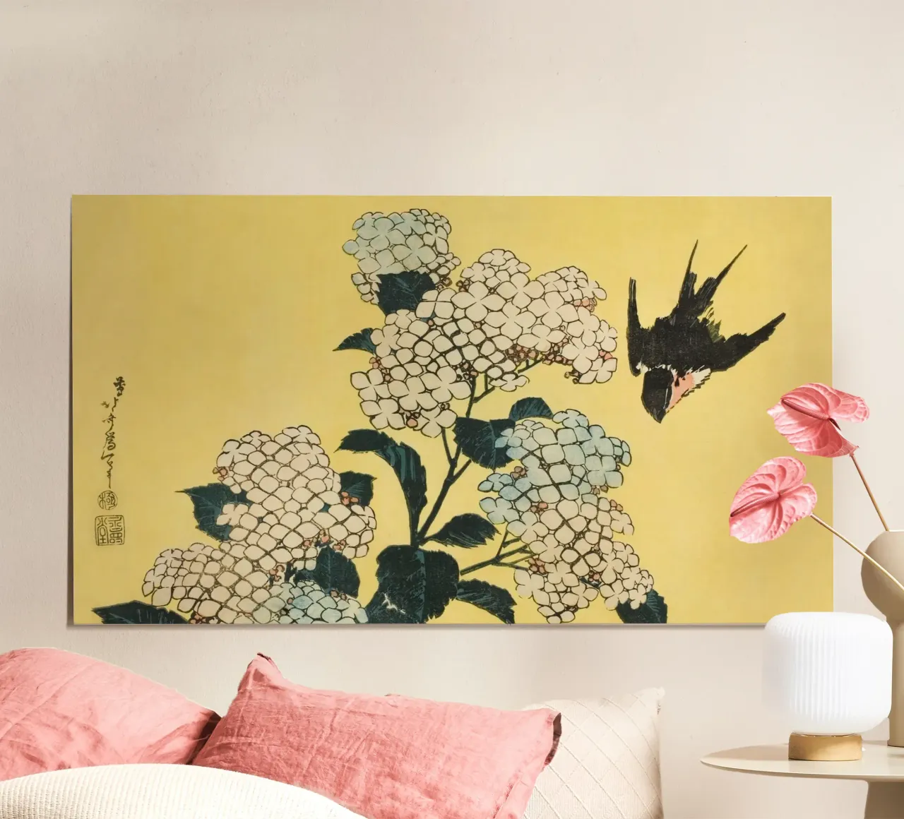 Ukiyo-e japonés: Hydrangea & Swallow Nature Art Print poster con marco de plástico de NorwesClub