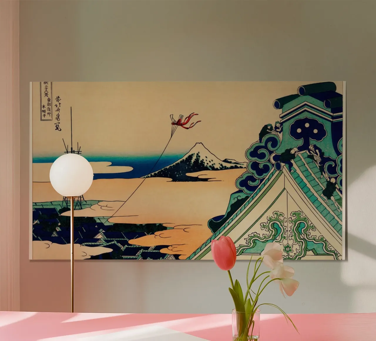 Hokusai: Tempio di Asakusa, serenità Ukiyo-e, Giappone, Monte Fuji poster con telaio in legno da NorwesClub