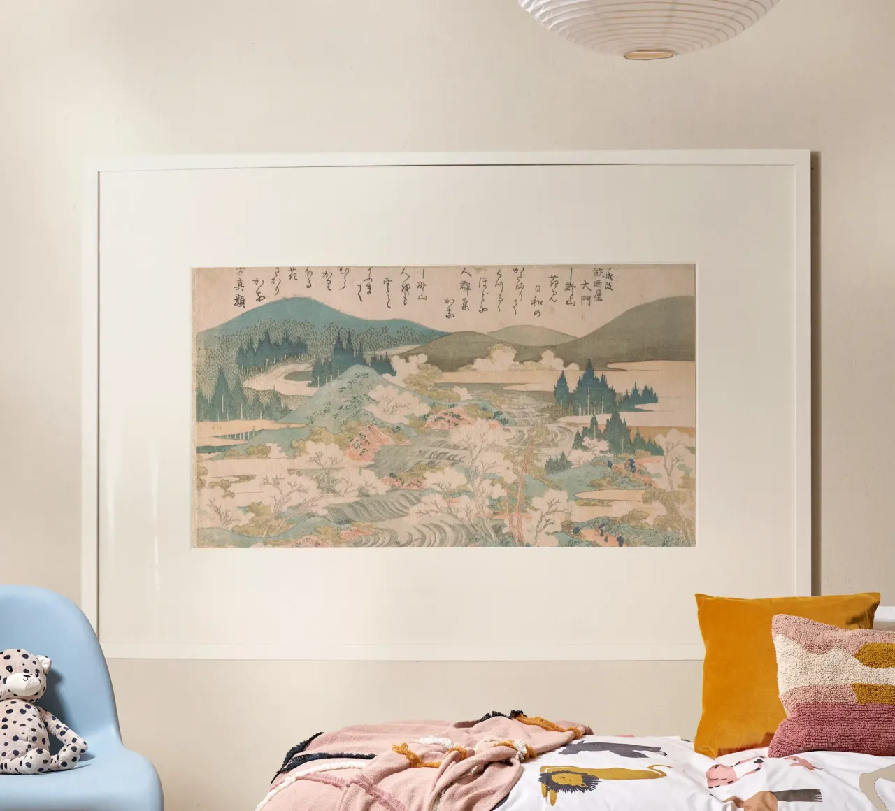 Hokusai: fiume Yoshino, paesaggio Ukiyo-e, fiori di ciliegio poster con telaio in legno da NorwesClub