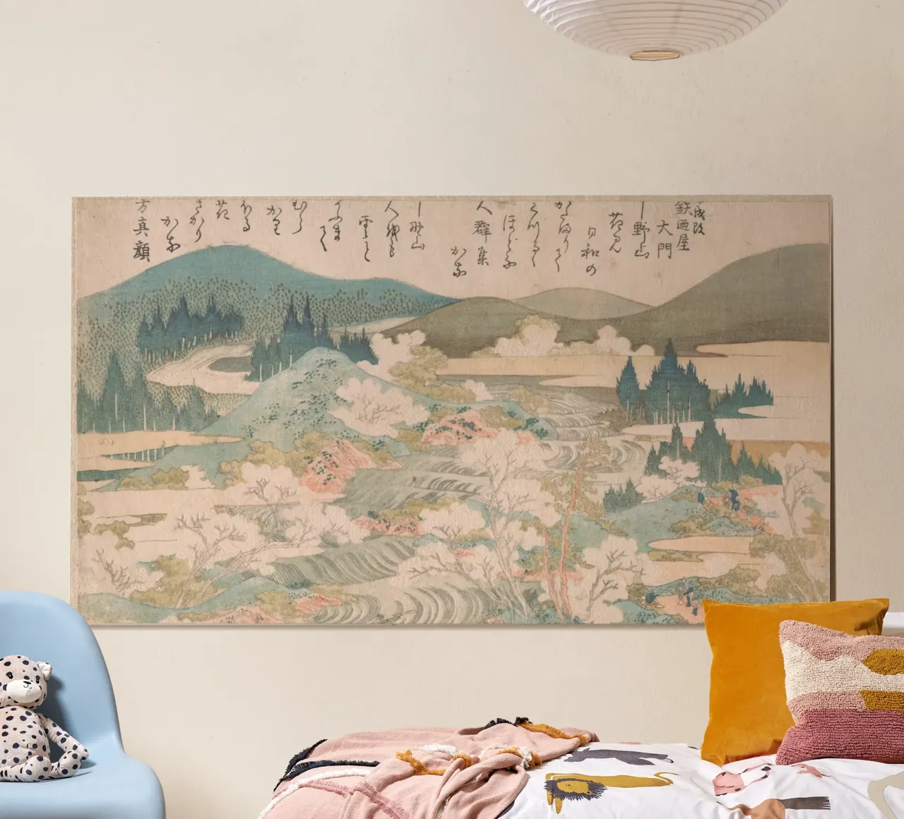 Hokusai: fiume Yoshino, paesaggio Ukiyo-e, fiori di ciliegio poster con telaio in legno da NorwesClub