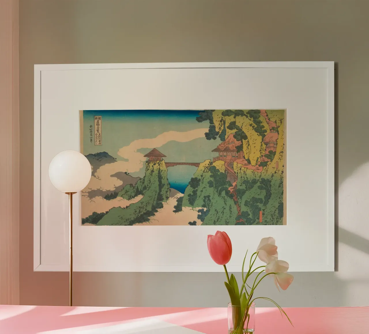 Hokusai: Ponte di Gyodosan, Mistica dell'Ukiyo-e, Tempio del Giappone poster con telaio in plastica da NorwesClub