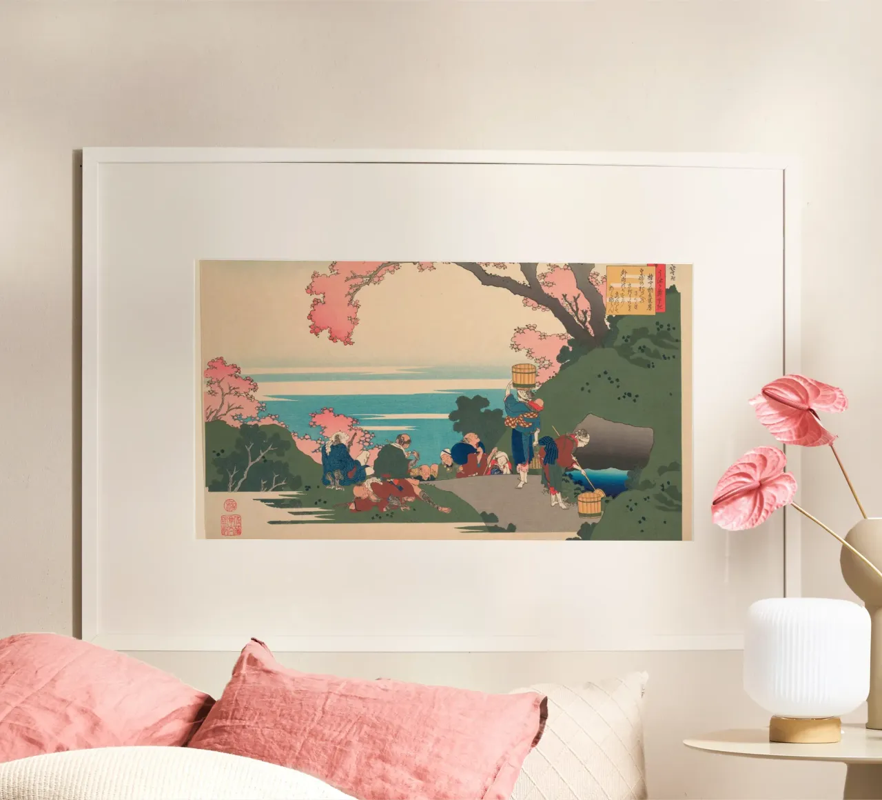 Hokusai Ukiyo-e: vista dei ciliegi in fiore e fascino della costa - Tr poster con telaio in legno da NorwesClub