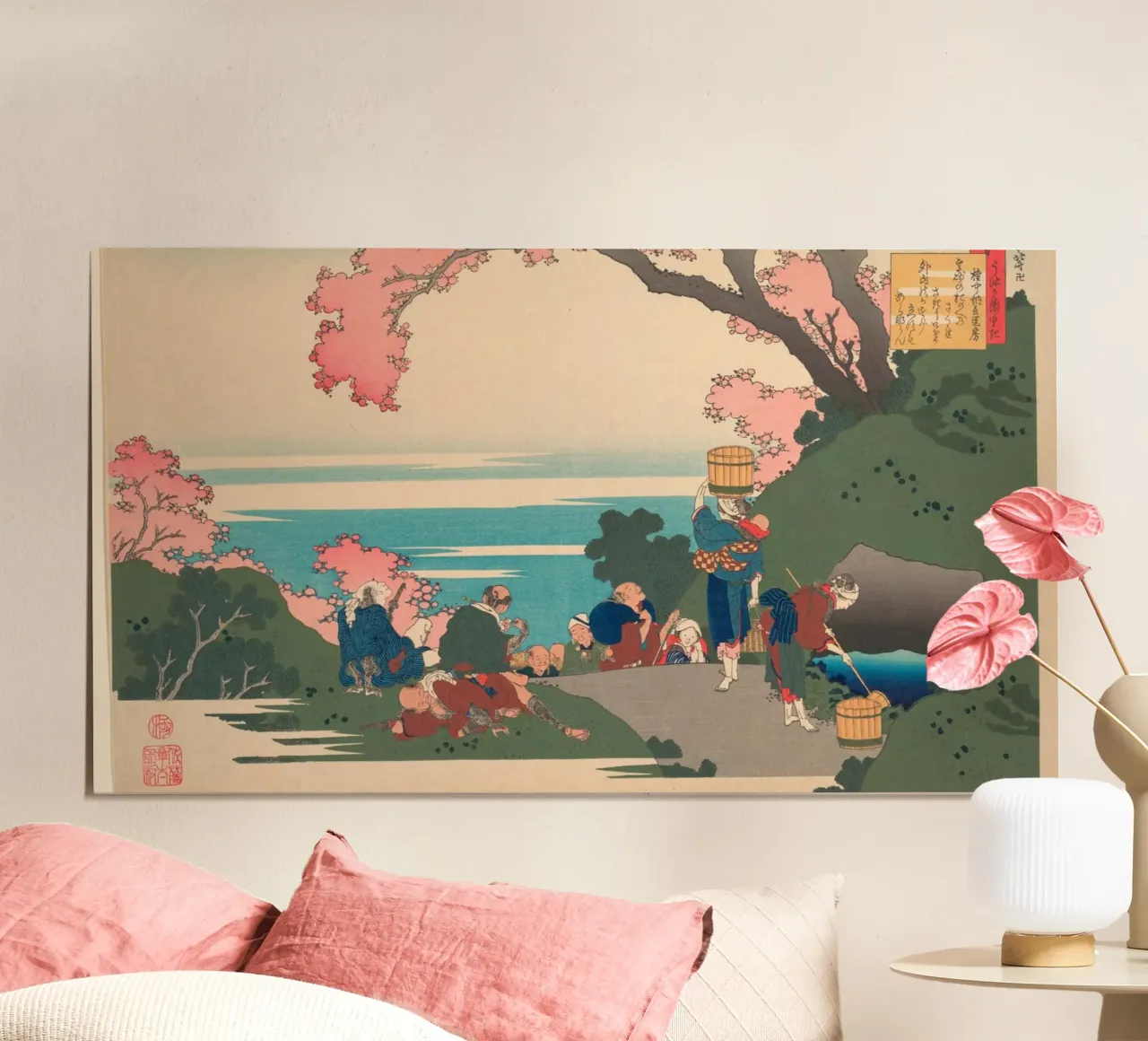 Hokusai Ukiyo-e: vista dei ciliegi in fiore e fascino della costa - Tr poster con telaio in legno da NorwesClub