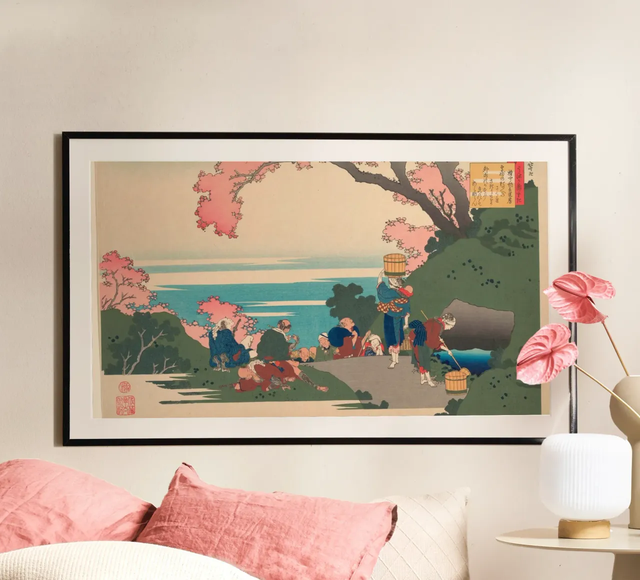 Hokusai Ukiyo-e: vista dei ciliegi in fiore e fascino della costa - Tr poster con telaio in legno da NorwesClub