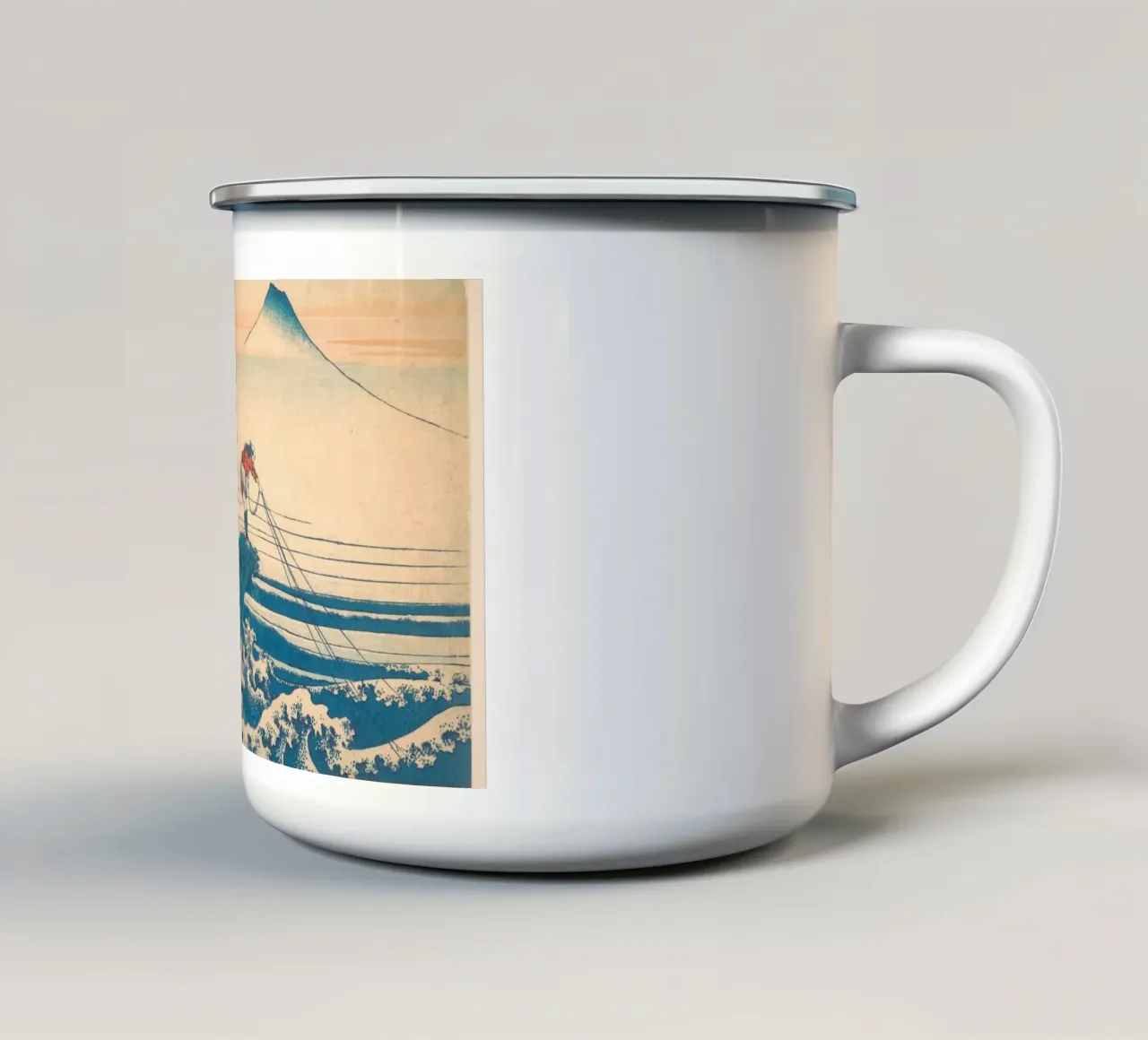 Kajikazawa in Kai" di Hokusai: Fuji e pescatori - L'icona di Uki tazza in smalto da NorwesClub