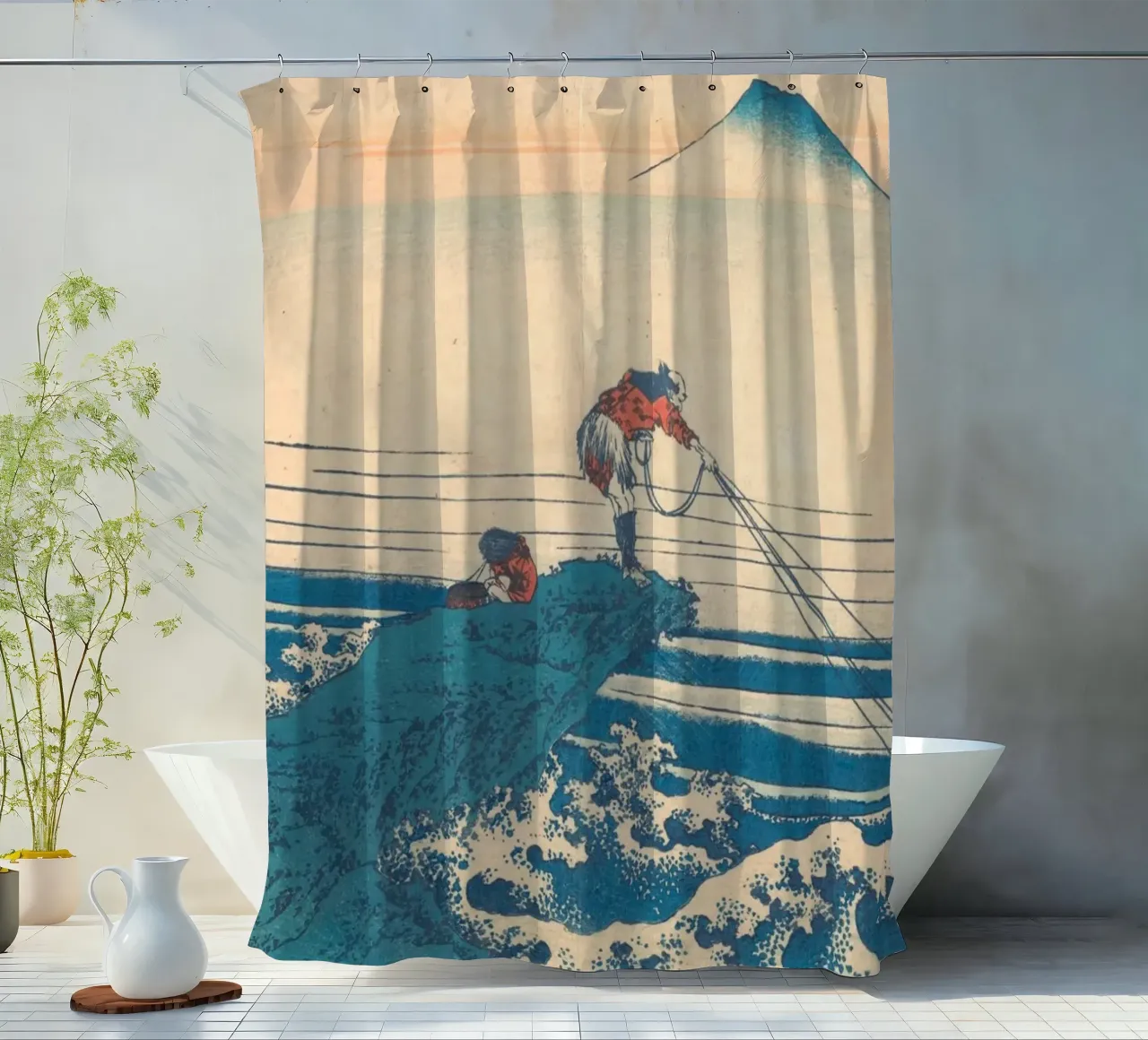 Kajikazawa in Kai" di Hokusai: Fuji e pescatori - L'icona di Uki tenda da doccia da NorwesClub