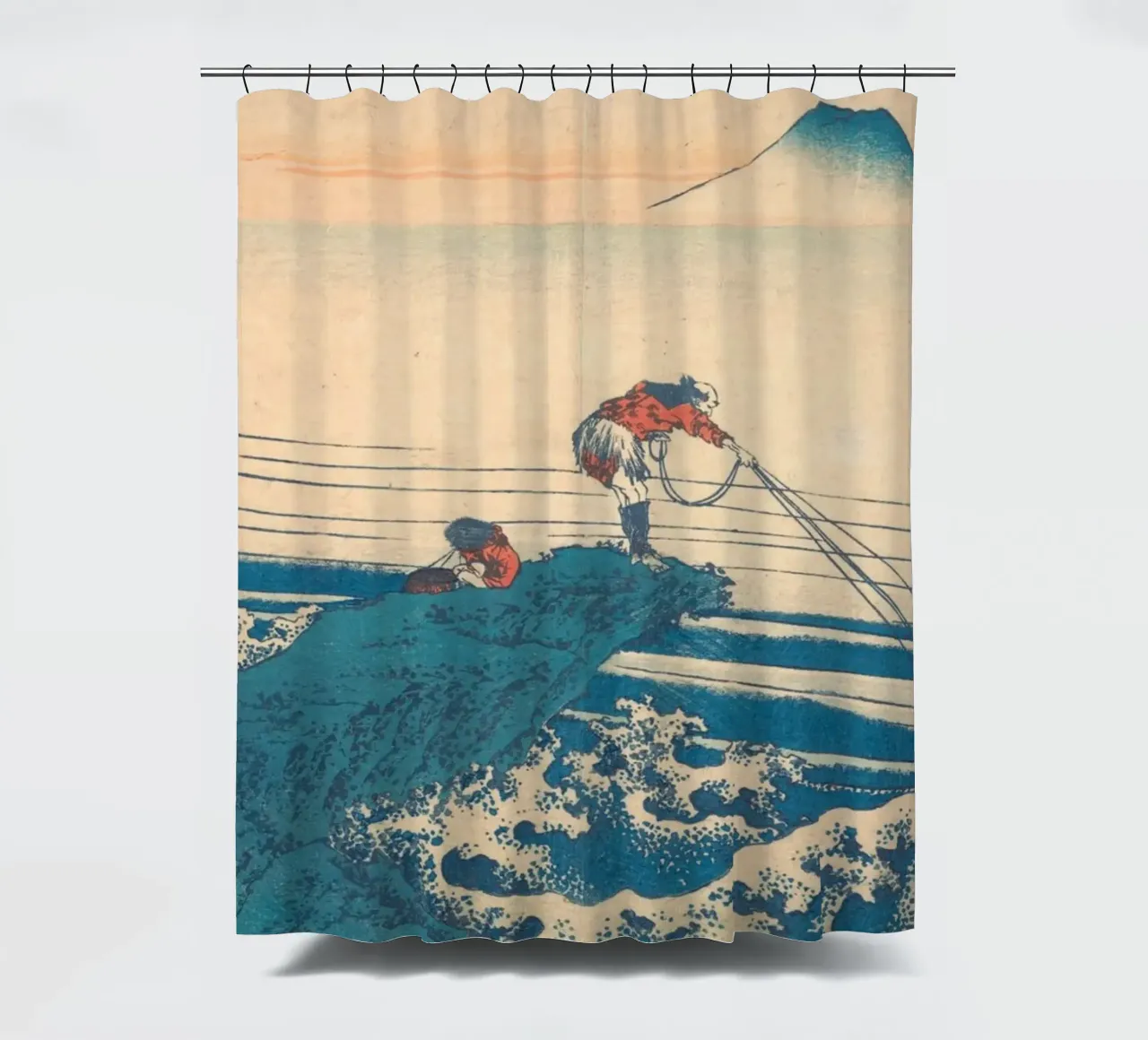 Kajikazawa in Kai" di Hokusai: Fuji e pescatori - L'icona di Uki tenda da doccia da NorwesClub