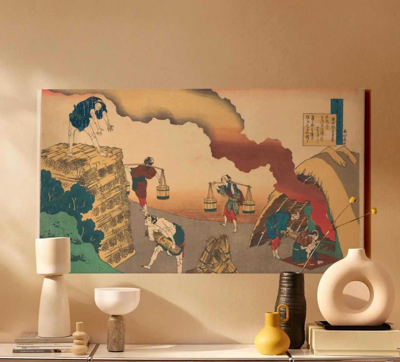 Utagawa Hiroshige: Fire & Labor - Dramatic Ukiyo-e Scene Art tela con Cornice a cassetta da NorwesClub