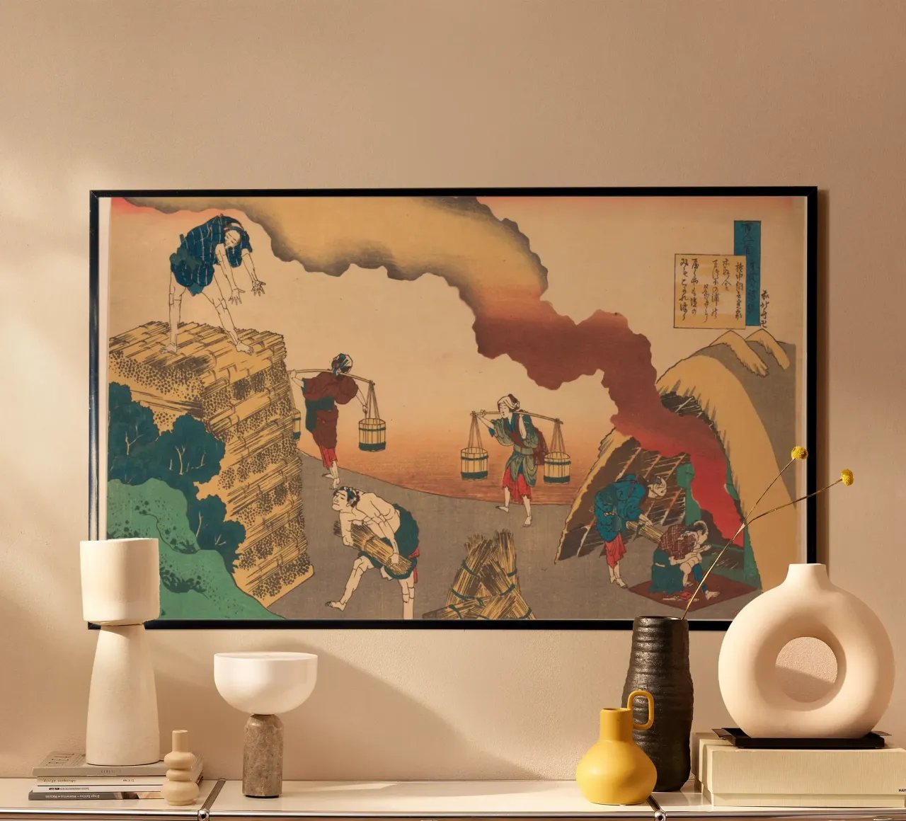 Utagawa Hiroshige: Fire & Labor - Dramatic Ukiyo-e Scene Art poster con telaio in legno da NorwesClub