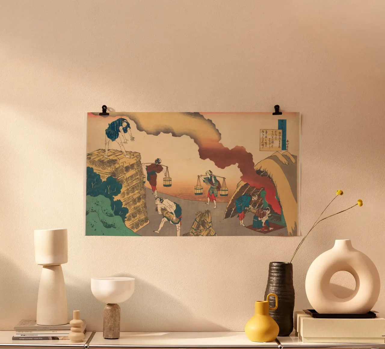 Utagawa Hiroshige: Fire & Labor - Dramatic Ukiyo-e Scene Art poster con telaio in legno da NorwesClub