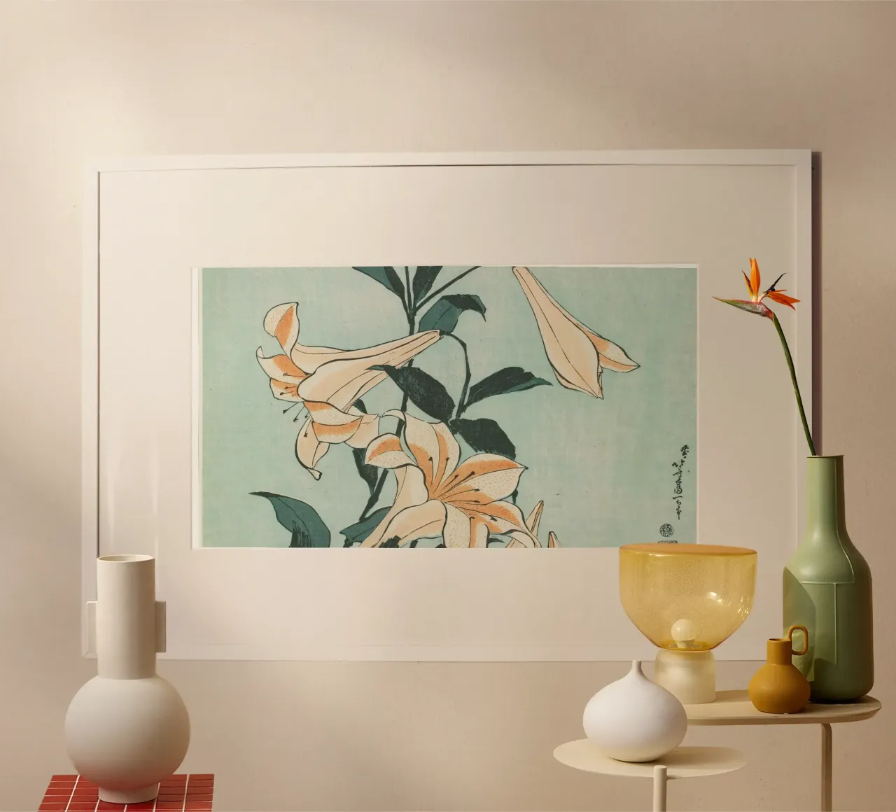 Hokusai: Gigli eleganti e bellezza botanica - Ukiyo-e sereno poster con telaio in legno da NorwesClub
