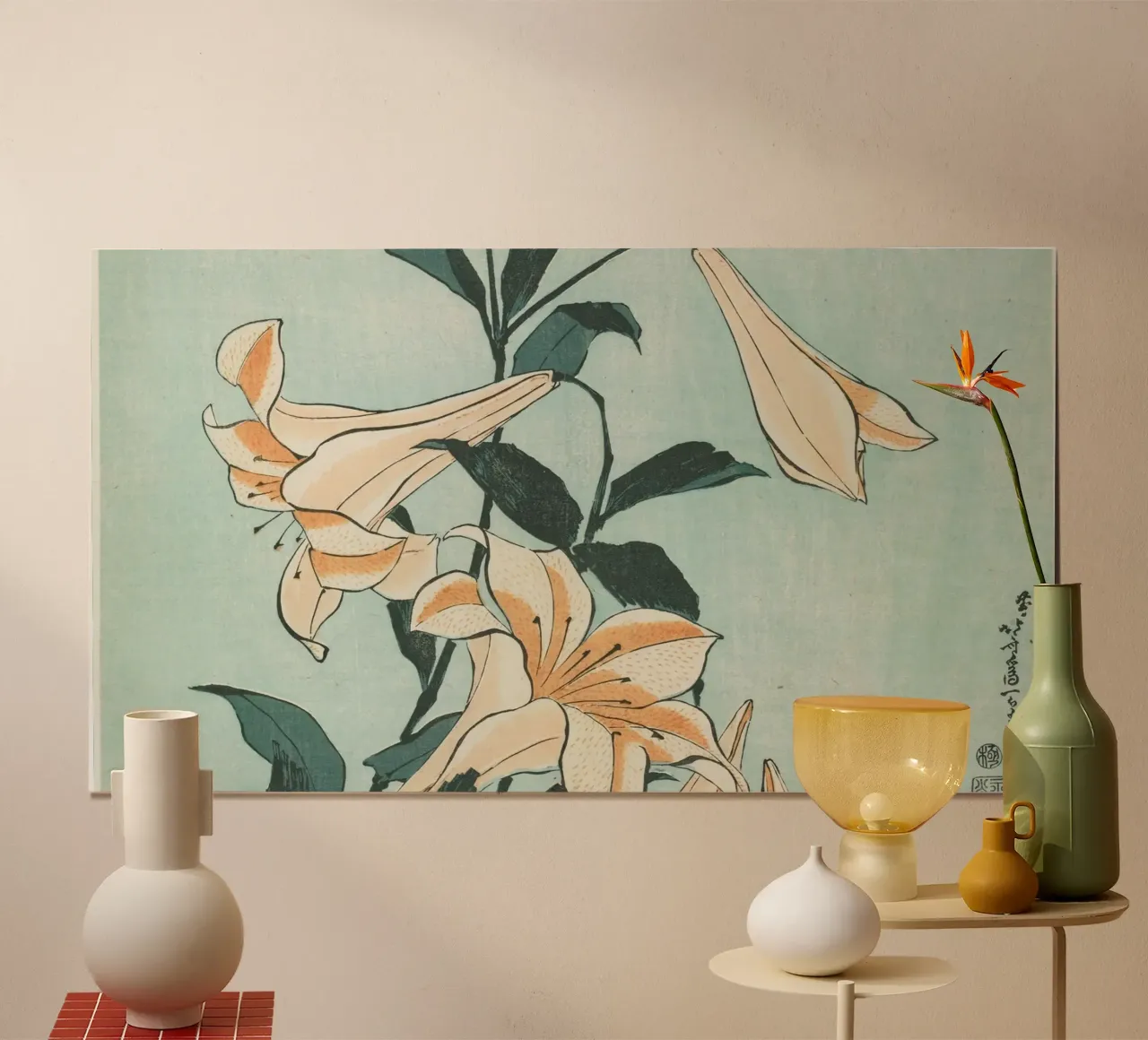 Hokusai: Gigli eleganti e bellezza botanica - Ukiyo-e sereno poster con telaio in legno da NorwesClub