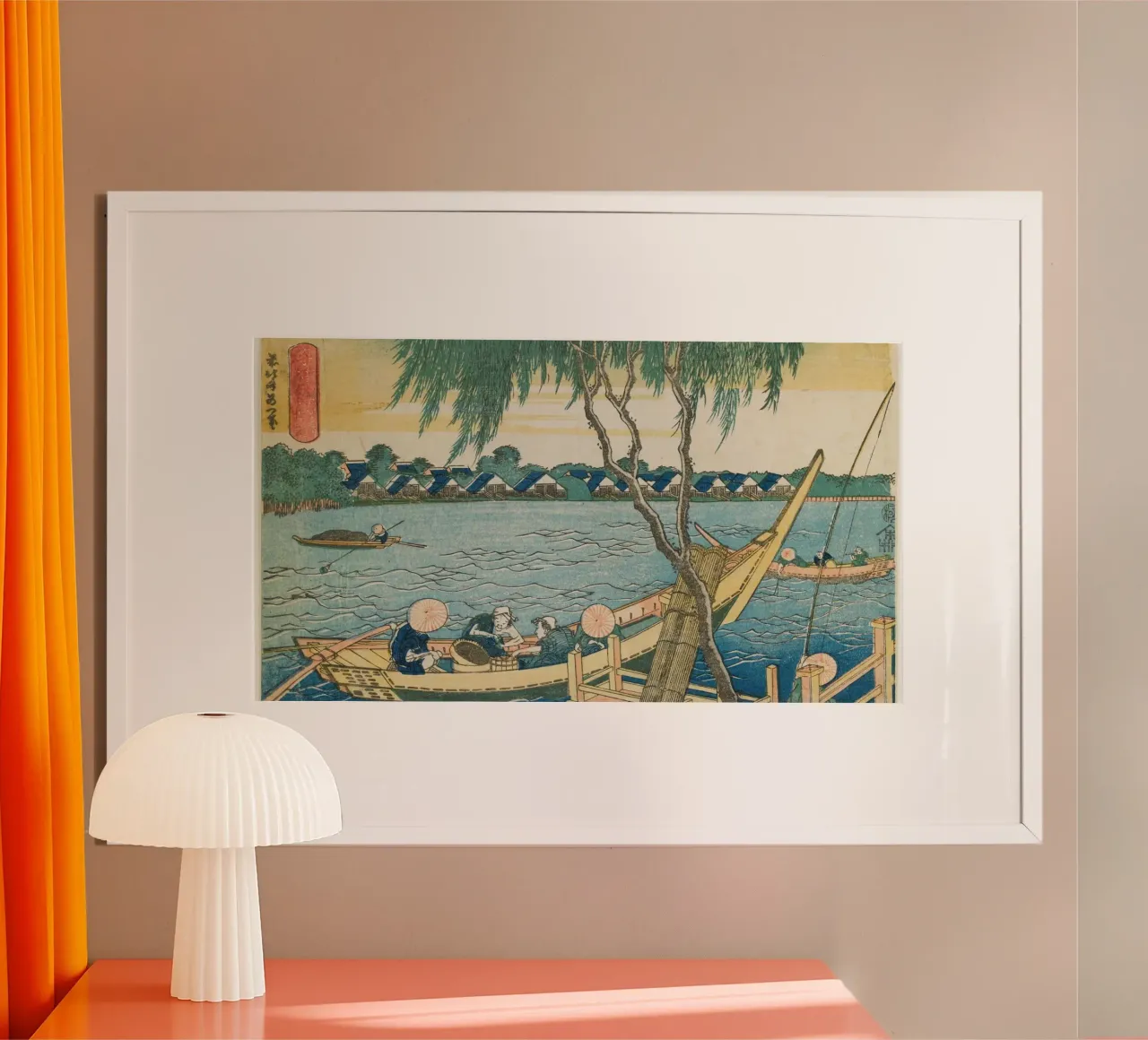 Hokusai: Pesca sul fiume Miyato e vita lacustre - Ukiy classico poster con telaio in alluminio da NorwesClub