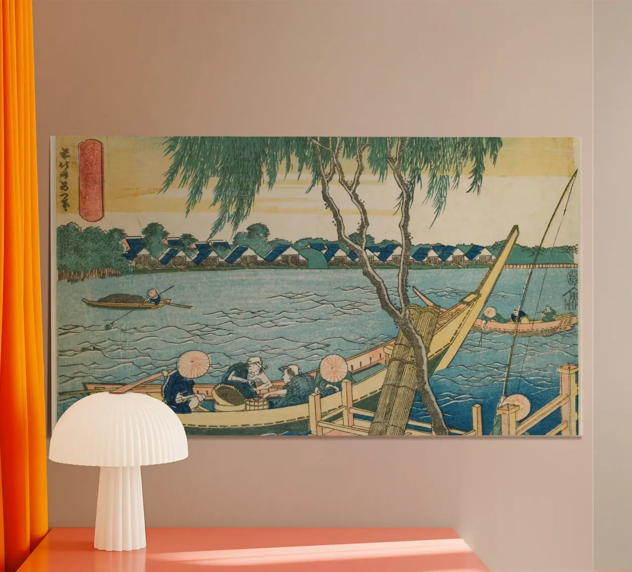 Hokusai: Pesca sul fiume Miyato e vita lacustre - Ukiy classico poster con telaio in alluminio da NorwesClub