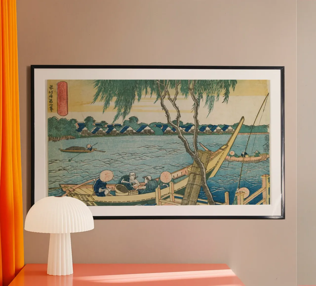 Hokusai: Pesca sul fiume Miyato e vita lacustre - Ukiy classico poster con telaio in alluminio da NorwesClub