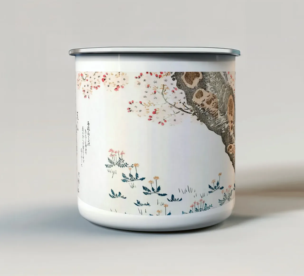 Hokusai: Albero dei ciliegi in fiore e fiori selvatici - Sereno Ukiyo-e tazza in smalto da NorwesClub