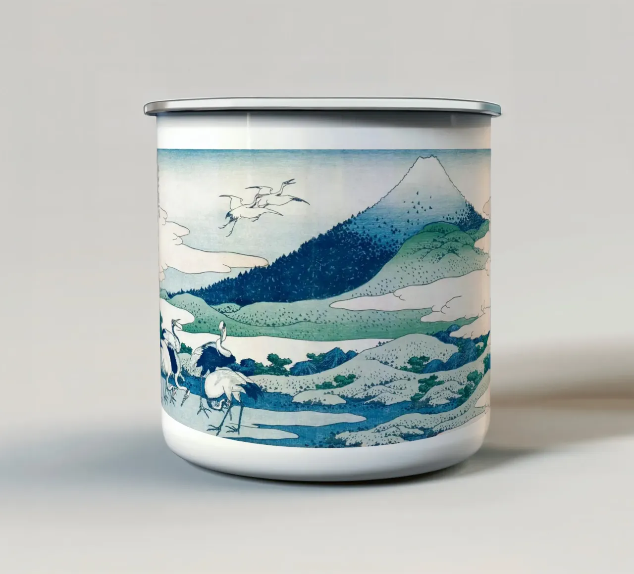 Hokusai Fuji: Gru, Monte Fuji, Serenità Ukiyo-e, Giappone Fuji, Serenità Ukiyo-e, Giappone De tazza in smalto da NorwesClub