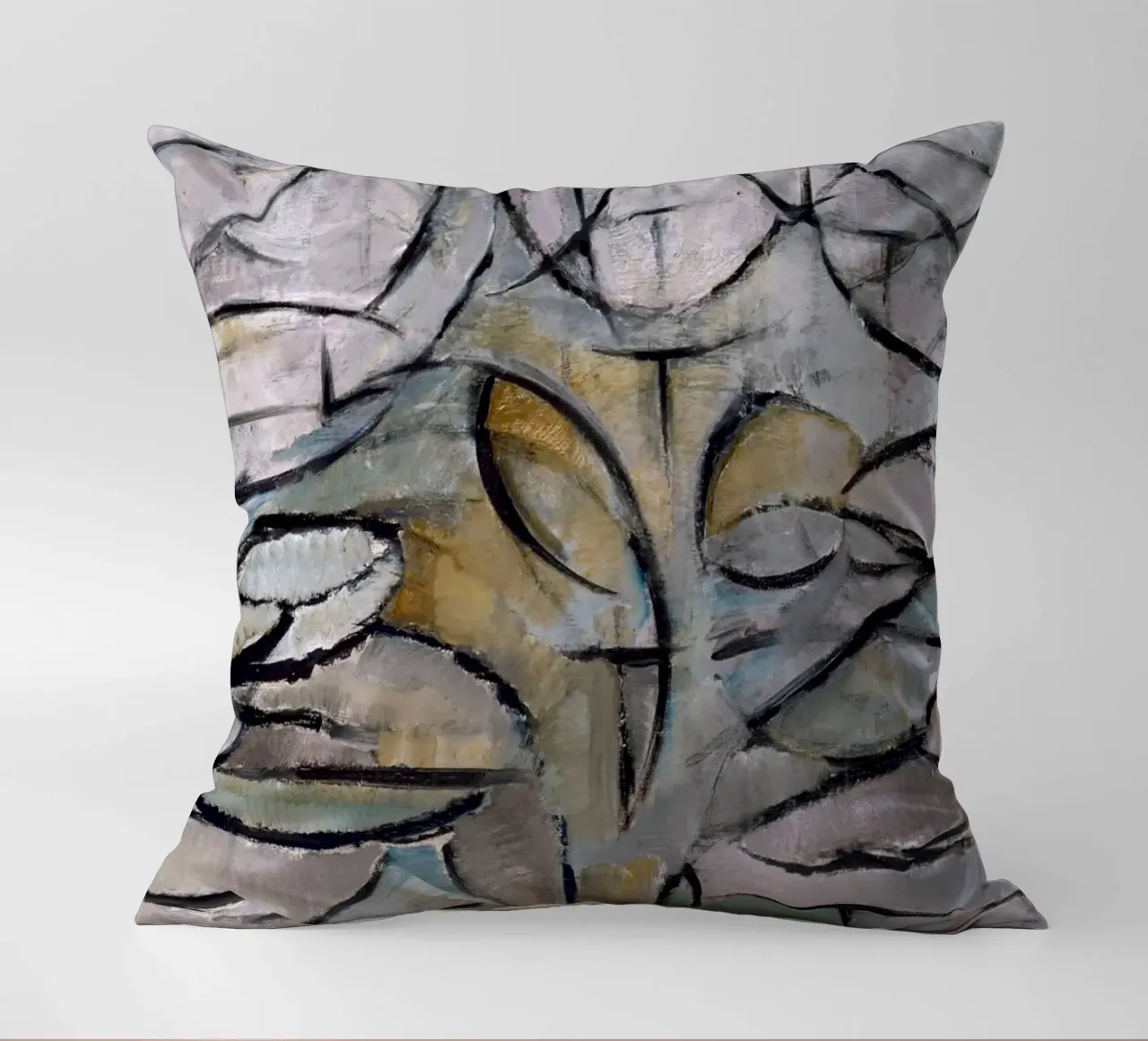 Mondrian Nature: Gray Tree, Cubist Abstraction, Organic Mode decorative cushion by NorwesClub