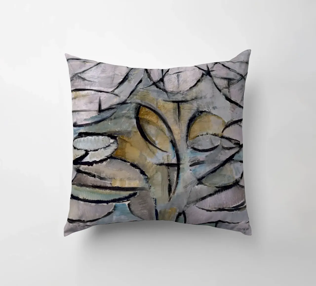 Mondrian Nature: Gray Tree, Cubist Abstraction, Organic Mode decorative cushion by NorwesClub