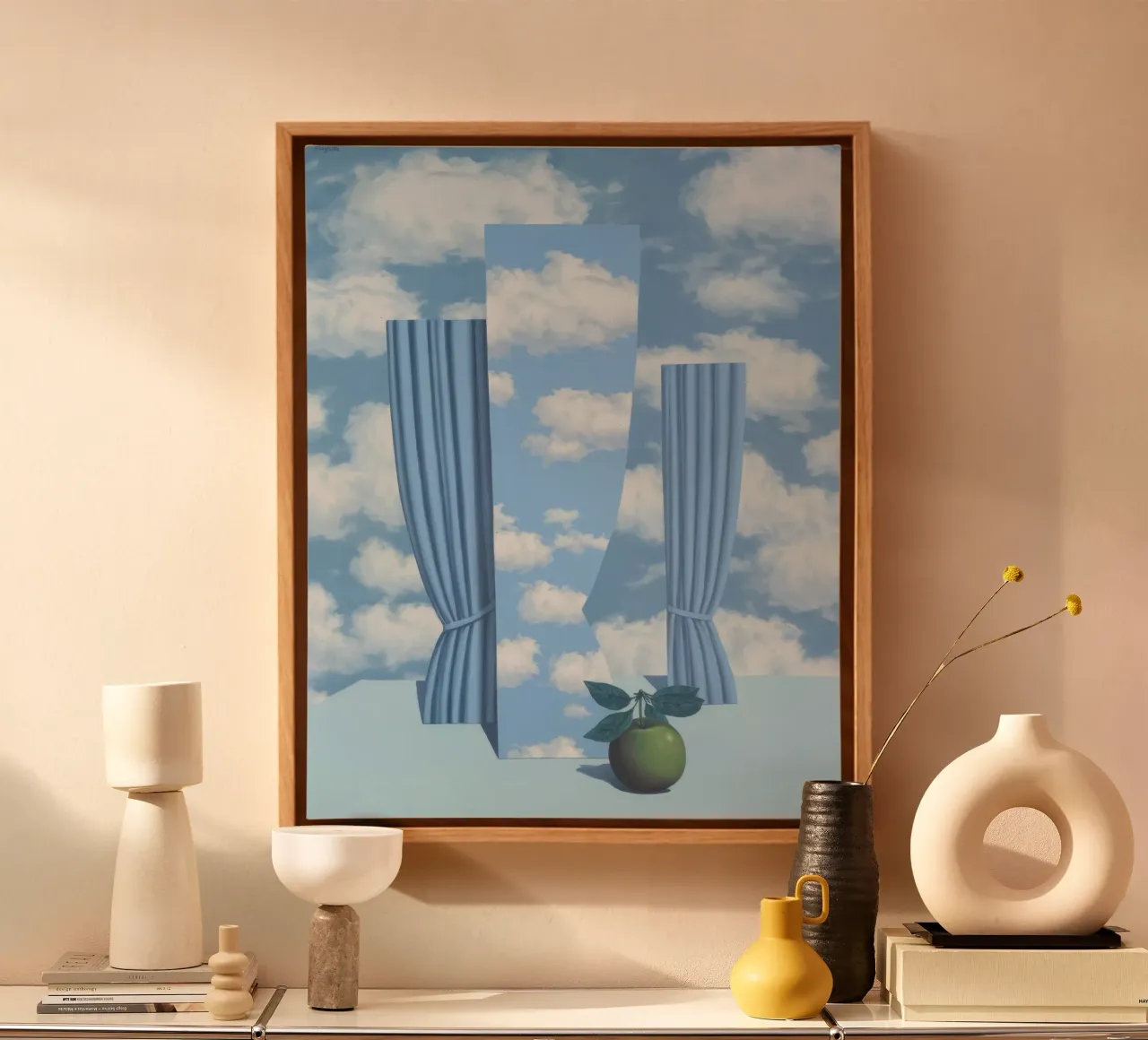Magritte's "Le Beau Monde" - Surreal Sky Illusion & Apple canvas with Floater frame by NorwesClub