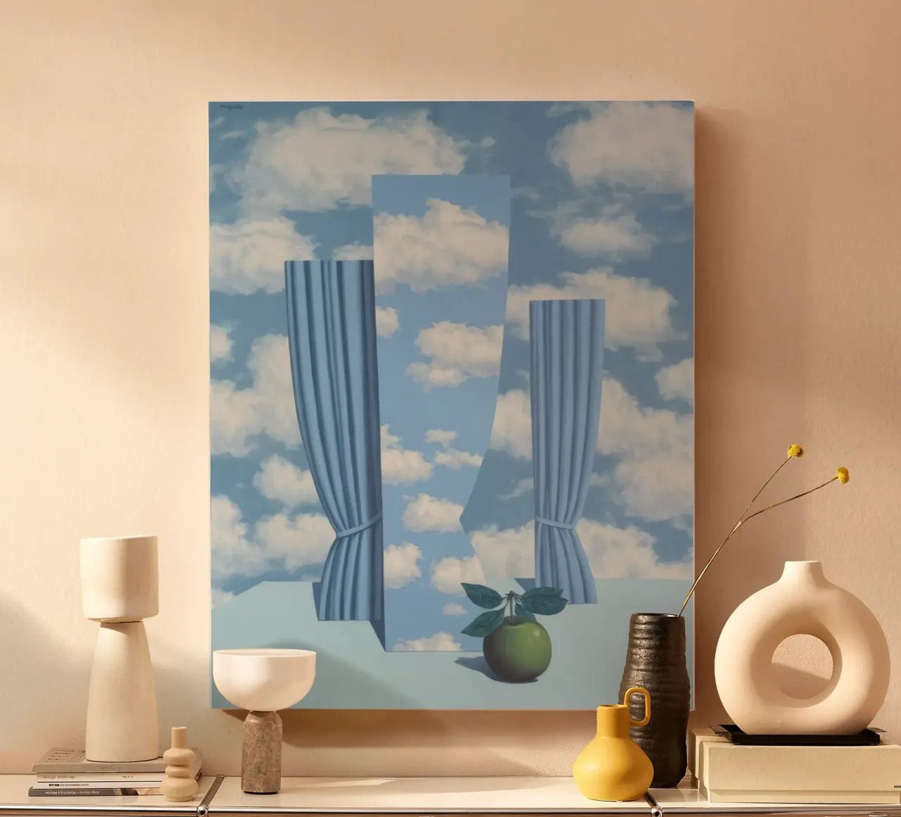 Magritte's "Le Beau Monde" - Surreal Sky Illusion & Apple canvas with Floater frame by NorwesClub