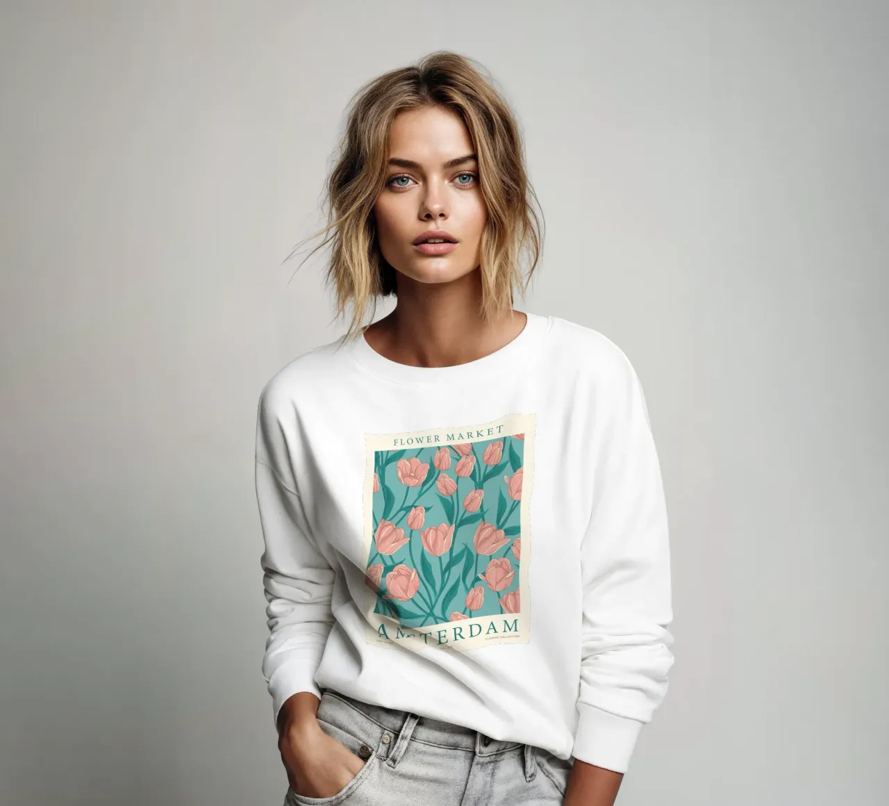 Bloemenmarkt Poster Amsterdam: Roze Tulpen, Botanische Kunst P sweatshirt van NorwesClub