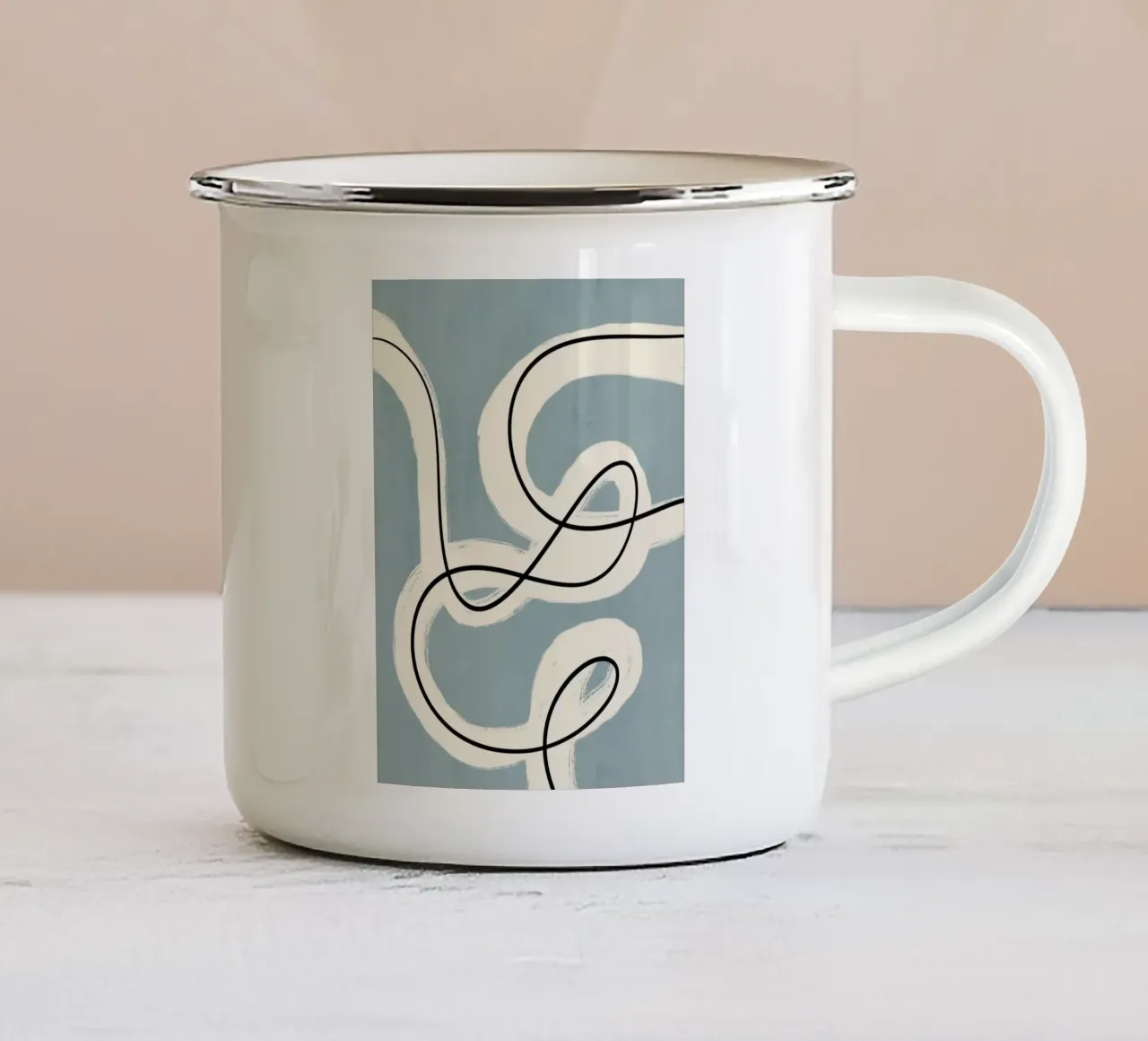 Line art minimalista in blu e grigio tazza in smalto da Little Dean