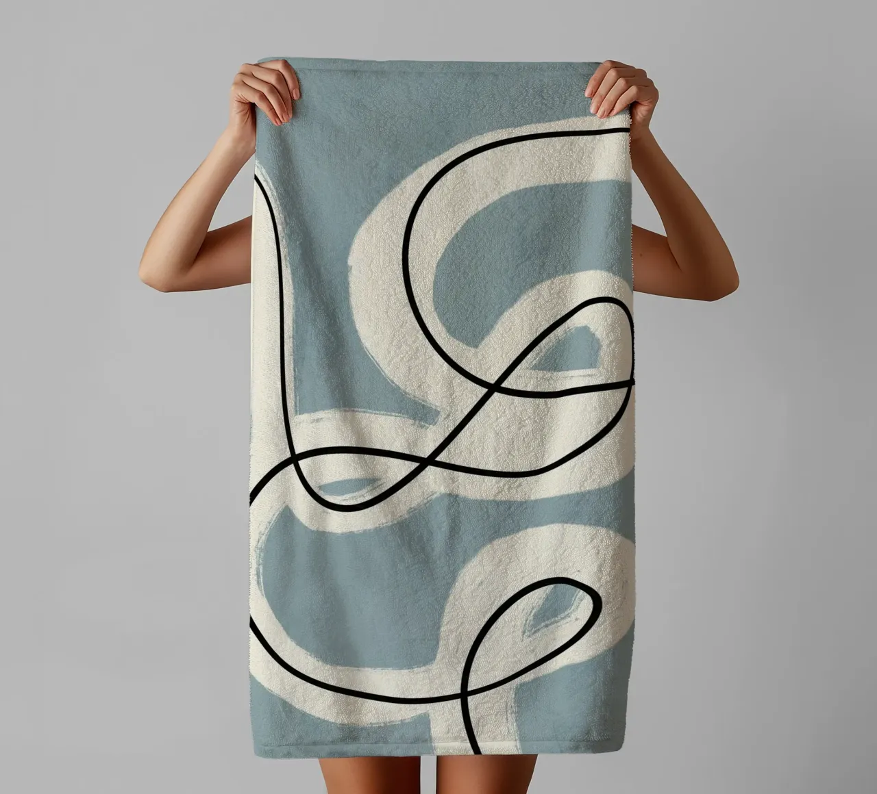 Minimalist line art in blue grey towel by Little Dean