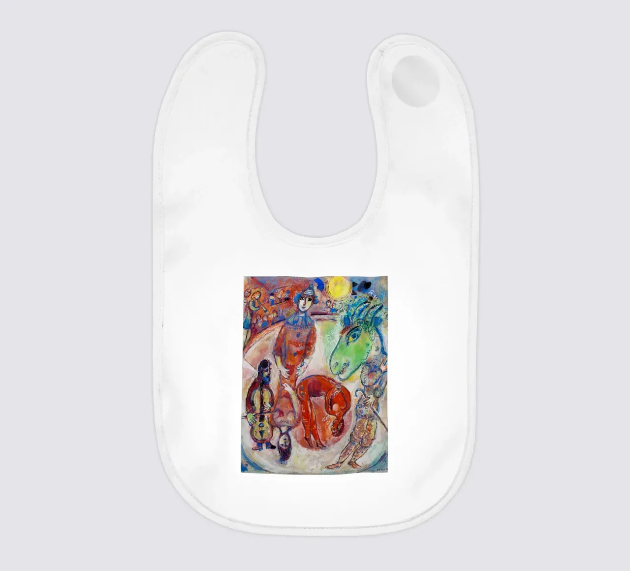Chagall's Harlequin & Yellow Moon - Surreal Circus Dreamscap baby bib by NorwesClub