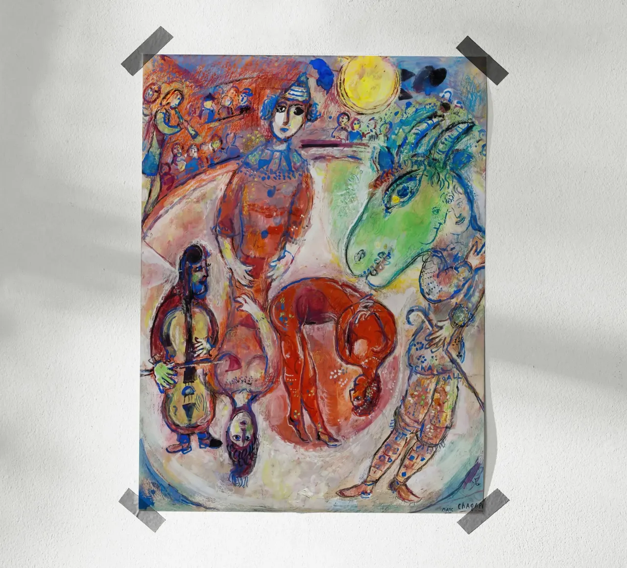 Arlecchino e Luna gialla di Chagall - Surreal Circus Dreamscap poster con telaio in legno da NorwesClub