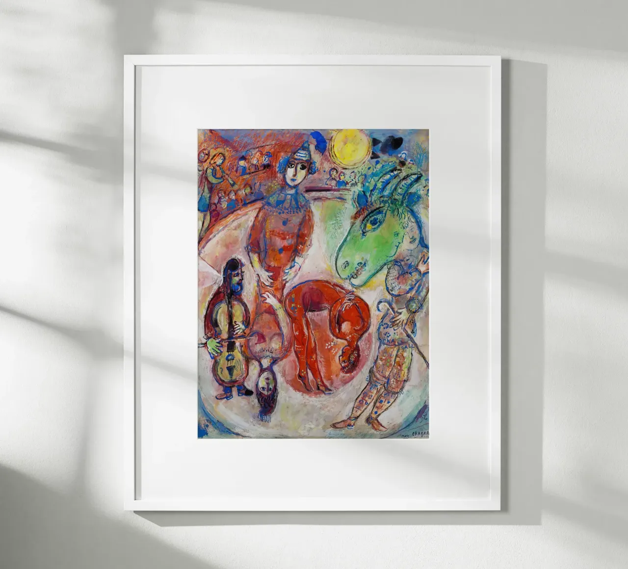 Arlecchino e Luna gialla di Chagall - Surreal Circus Dreamscap poster con telaio in legno da NorwesClub