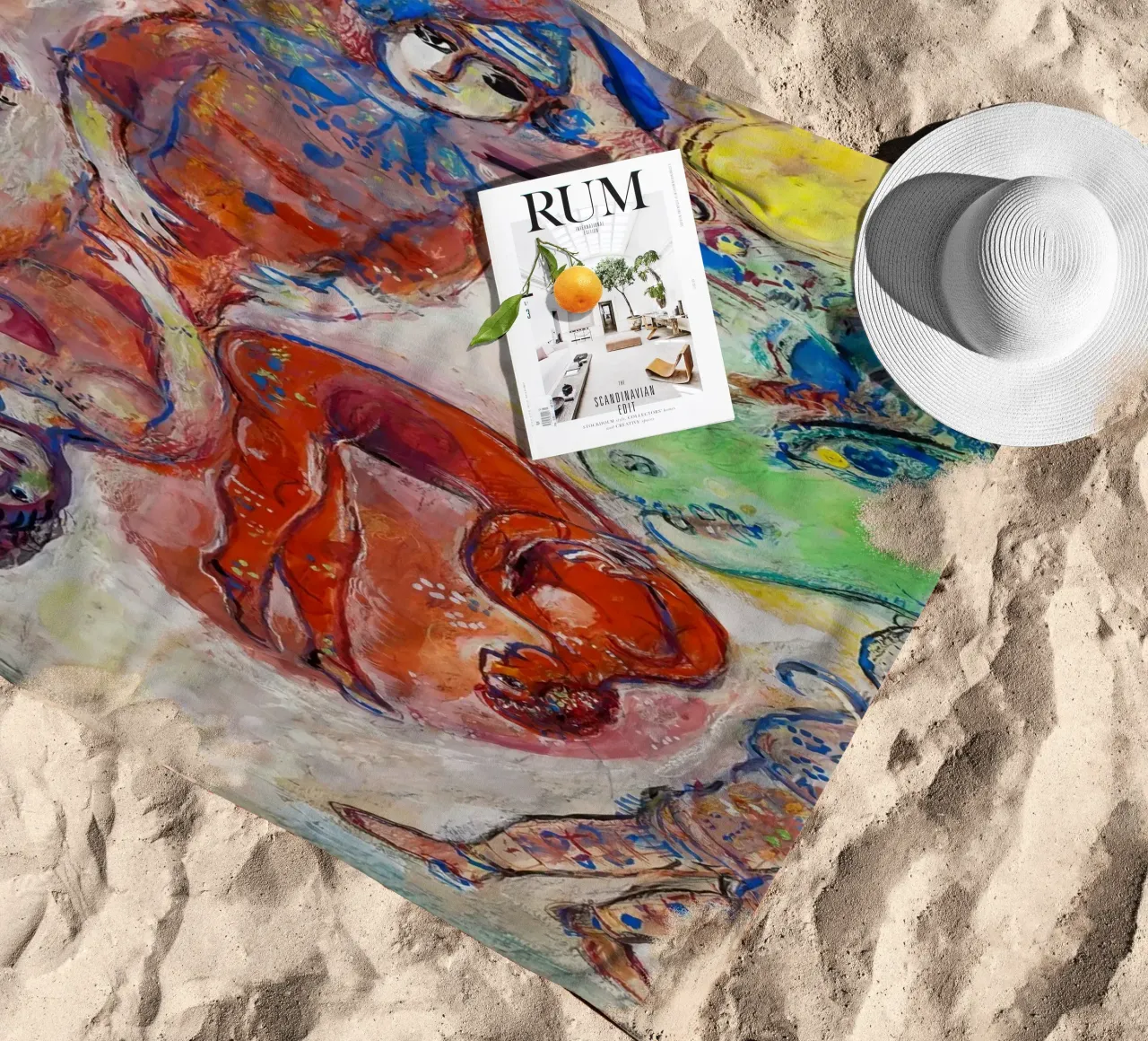 Chagall's Harlequin & Yellow Moon - Surreal Circus Dreamscap beach towel by NorwesClub
