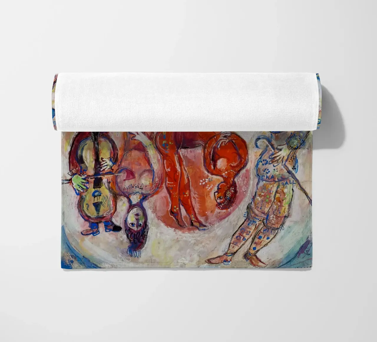 Chagall's Harlequin & Yellow Moon - Surreal Circus Dreamscap beach towel by NorwesClub