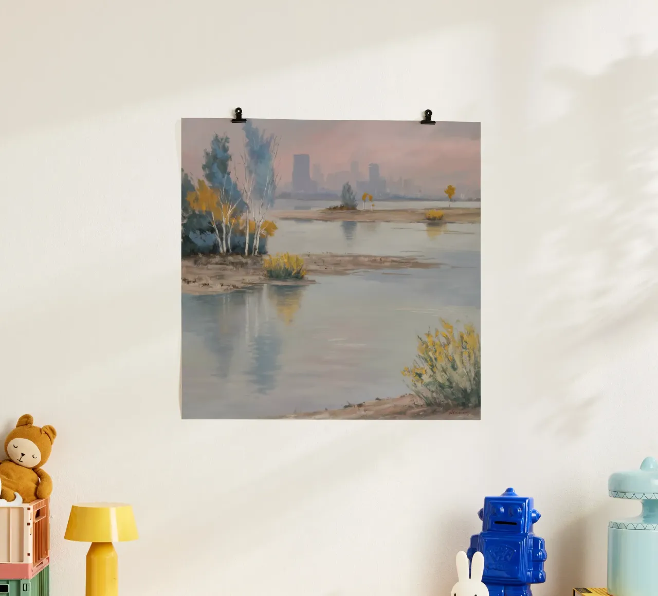 Resti della costa della città poster con telaio in legno da Solestice Strokes
