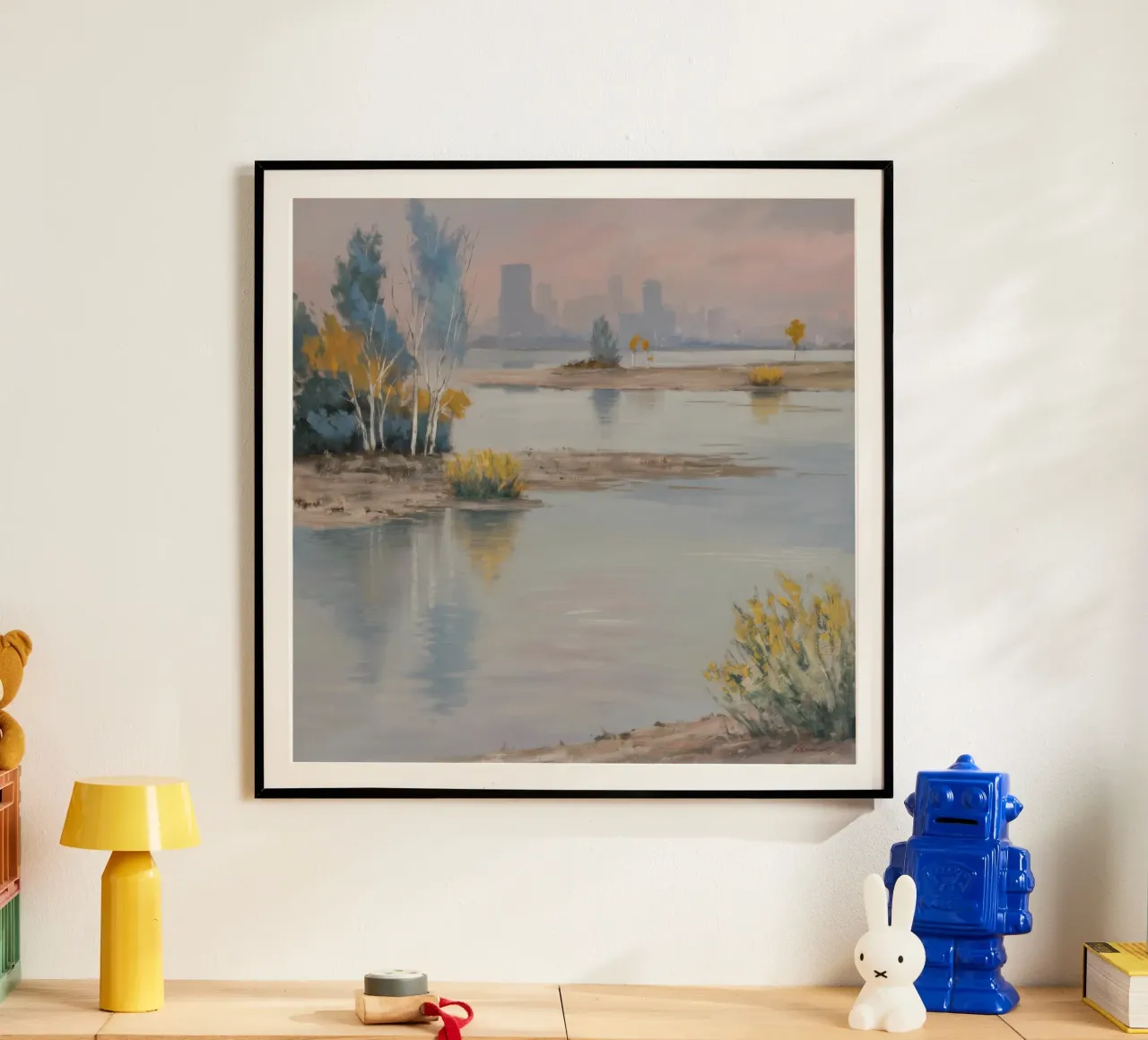 Resti della costa della città poster con telaio in legno da Solestice Strokes