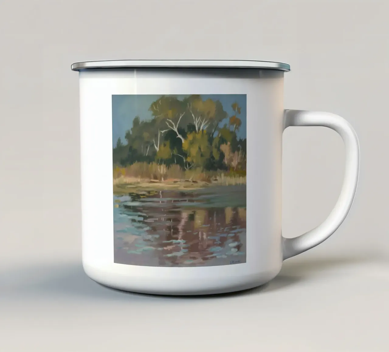 Sussurri del fiume Olive tazza in smalto da Solestice Strokes