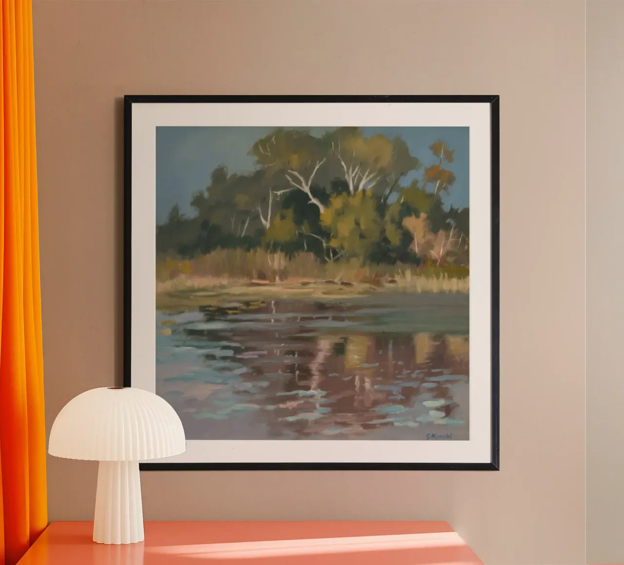 Sussurri del fiume Olive poster con telaio in plastica da Solestice Strokes